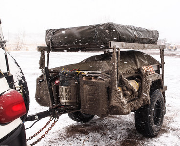 Ice coating the expedition trailer before departure