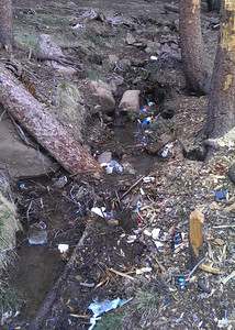 Trash left along a creek in Pike National Forest