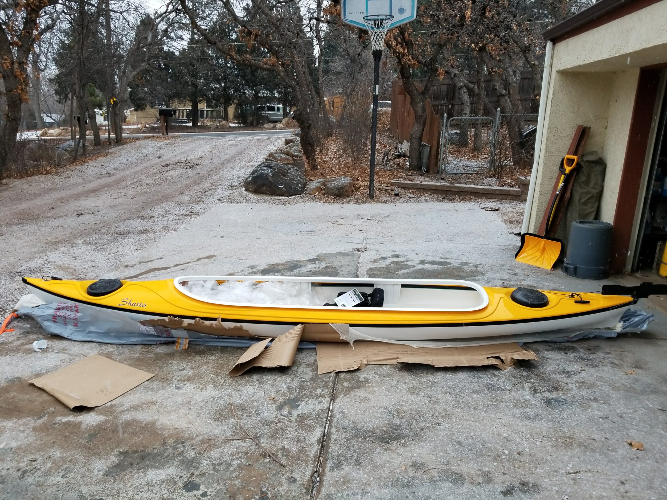 Eddyline Shasta touring kayak prepared for a solo Missouri River journey