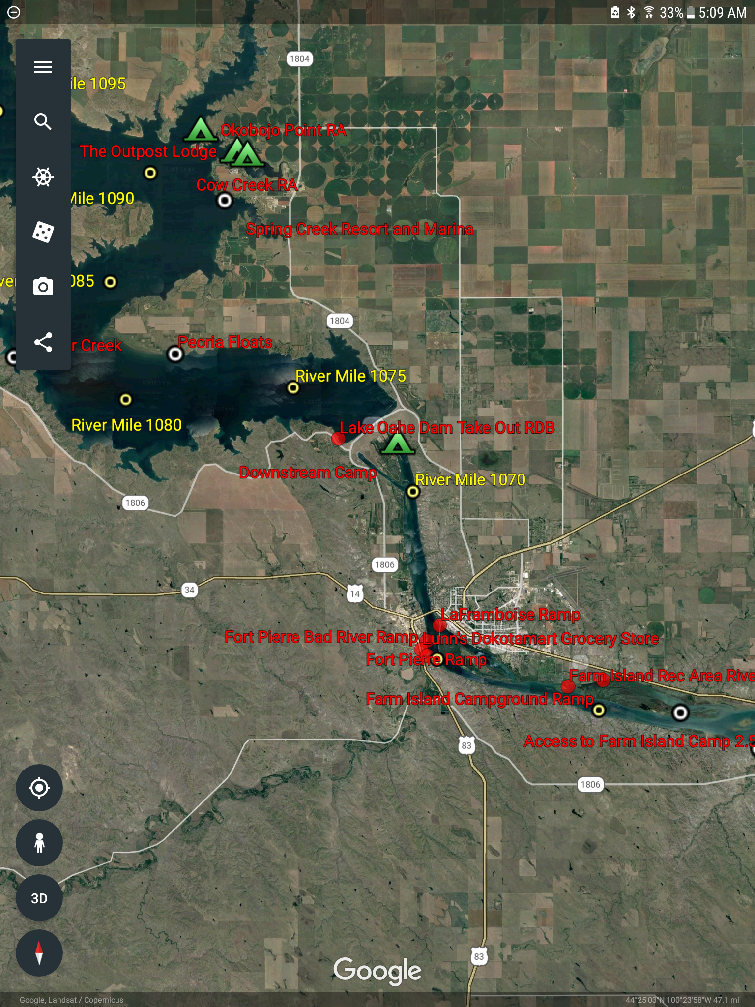 Google Earth map with route markers added for the Missouri River paddle