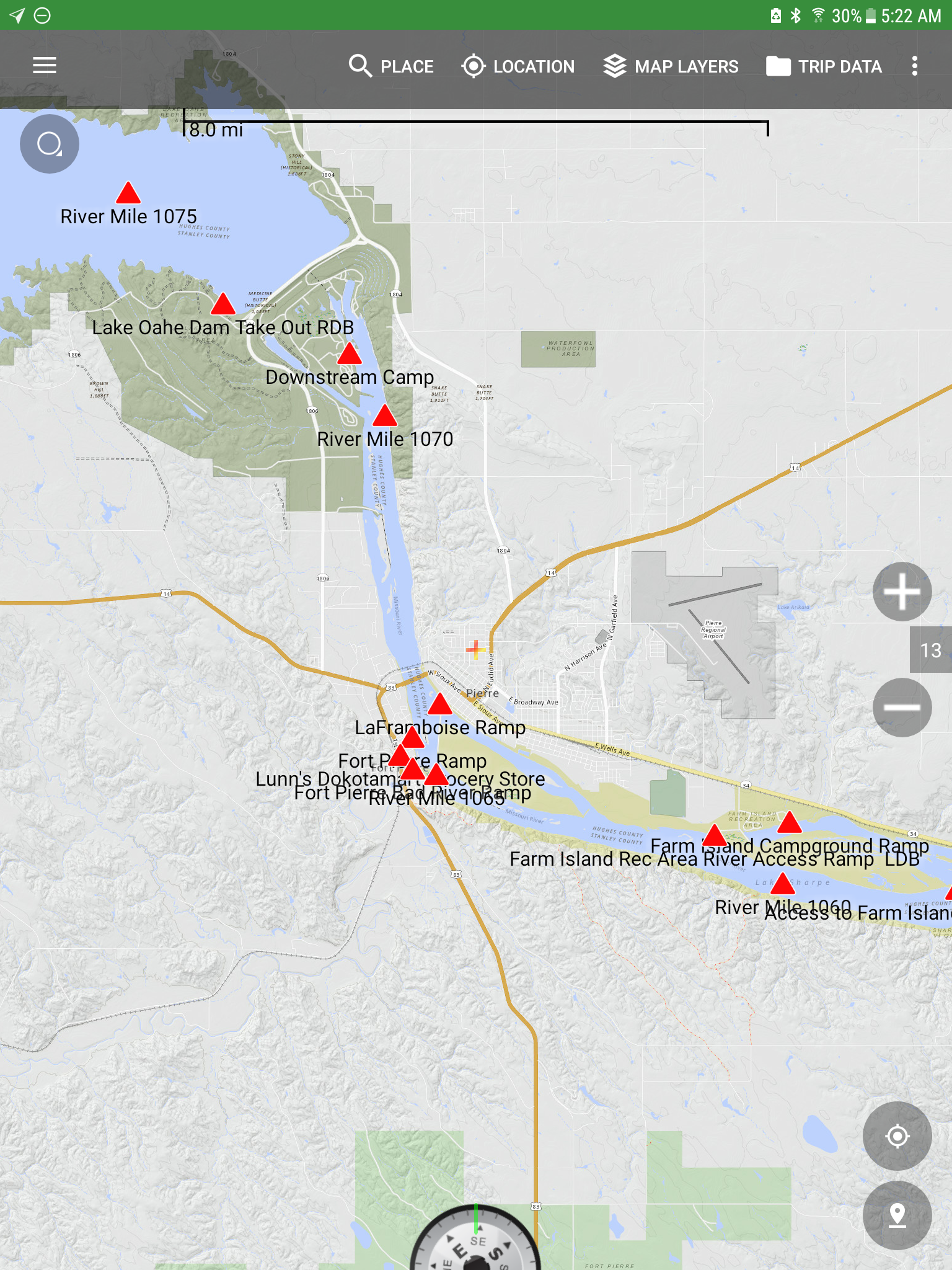 Backcountry Navigator map with Missouri River route data loaded