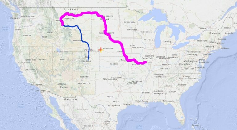 Map of the Missouri River paddling route from Montana to St. Louis, including the drive from Colorado Springs